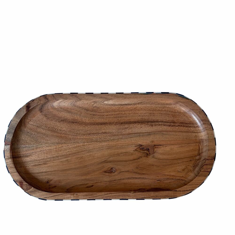 Blue & White Checkered Enameled Mango Wood Serving Tray 14x7 Made In India NEW - Picture 12 of 15
